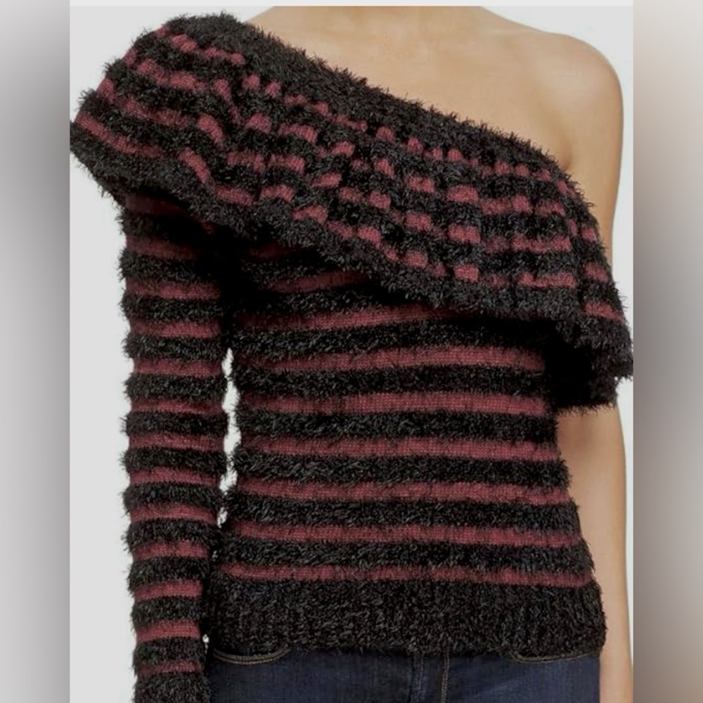 WAYF JOHNIE RUFFLED SHADOW STRIPE ONE SHOULDER SWEATER/BLACK & BURGUNDY - Size M
